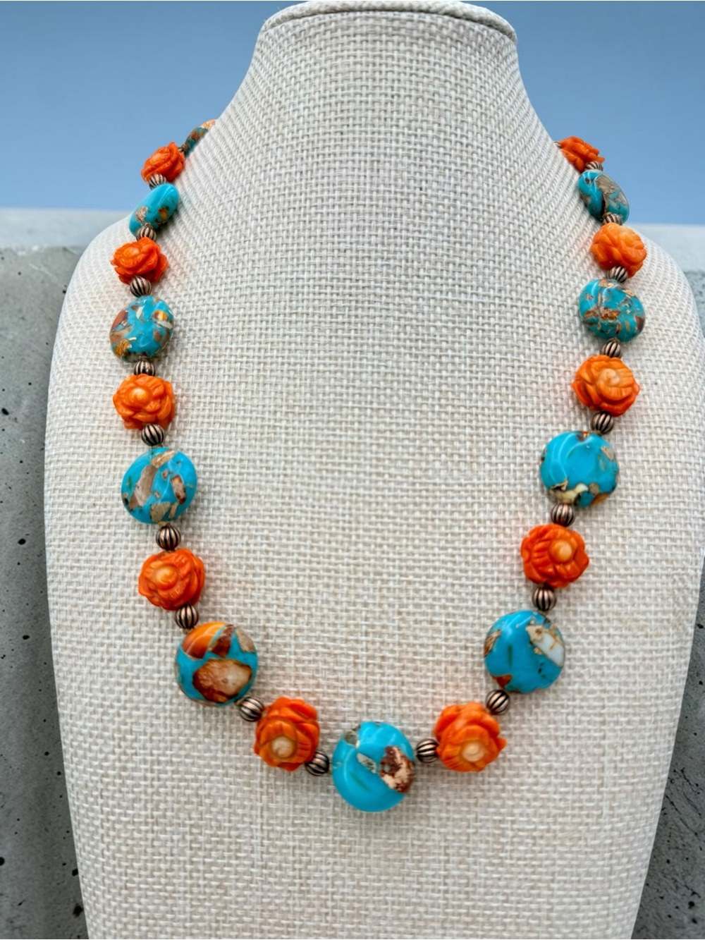 Artisan Hand Knotted Emperor Jasper Carved Coral floral bead Copper Necklace 18” - Picture 5 of 17